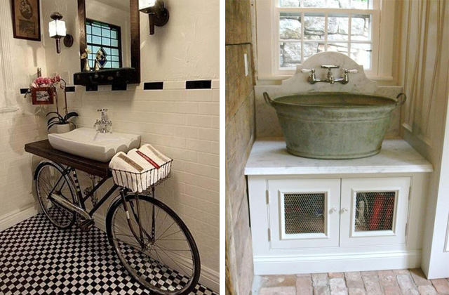 uma bicicleta que se torna um suporte original para a pia