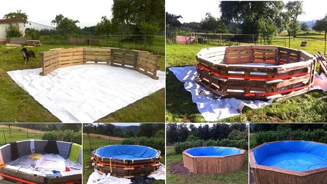 uma piscina com paletes